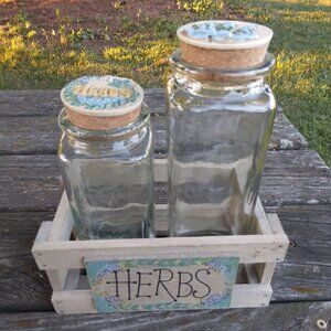 Vintage Floral Herbs Wooden Crate and Apothecary Jars with Lids
